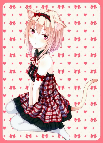 Anime picture 1274x1768 with original 96tuki single tall image looking at viewer blush short hair blonde hair sitting bare shoulders animal ears tail animal tail pink eyes cat ears cat girl cat tail embarrassed plaid girl