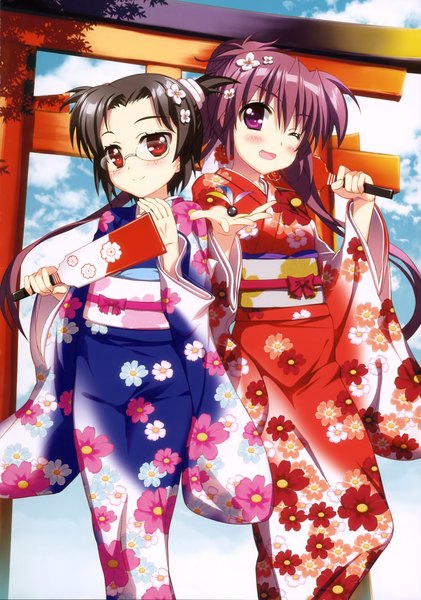 Anime picture 2875x4098 with mahou shoujo lyrical nanoha fujima takuya long hair tall image blush highres short hair black hair red eyes purple eyes multiple girls purple hair traditional clothes japanese clothes one eye closed hair flower wink scan girl hair ornament