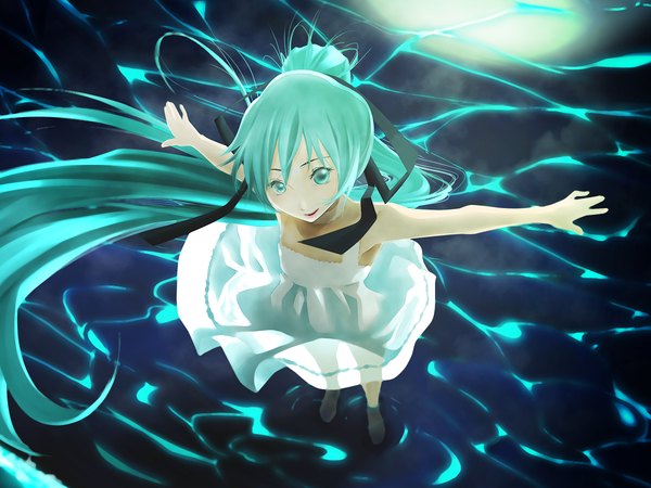 Anime picture 1200x900 with vocaloid hatsune miku gassun smile ponytail very long hair aqua eyes aqua hair looking up spread arms girl ribbon (ribbons) hair ribbon water sundress