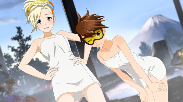 Anime picture 2560x1440 with overwatch blizzard entertainment mercy (overwatch) tracer (overwatch) shugo19 looking at viewer highres short hair open mouth blue eyes light erotic blonde hair smile brown hair wide image multiple girls brown eyes signed one eye closed wink