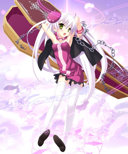Anime picture 1024x1228 with twinkle crusaders twinkle crusaders -passion star stream- lullshare long hair tall image open mouth green eyes game cg white hair girl thighhighs dress white thighhighs bracelet chain beret coffin