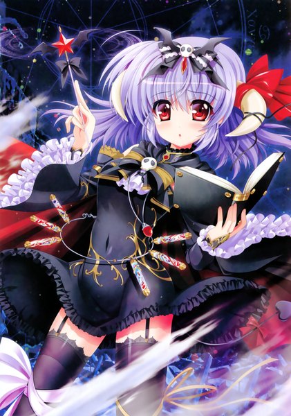 Anime picture 2459x3500 with higa yukari single tall image looking at viewer blush highres short hair open mouth red eyes blue hair horn (horns) scan girl thighhighs dress black thighhighs book (books)