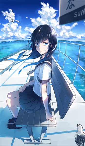 Anime picture 580x1000 with original phantania single long hair tall image blush blue eyes black hair smile looking away sky cloud (clouds) wind girl animal serafuku sea bird (birds) bench train station