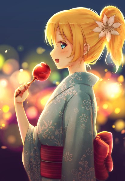 Anime picture 1102x1600 with love live! school idol project sunrise (studio) love live! ayase eli fal single long hair tall image blush open mouth blue eyes blonde hair ponytail traditional clothes :d japanese clothes profile hair flower blurry girl