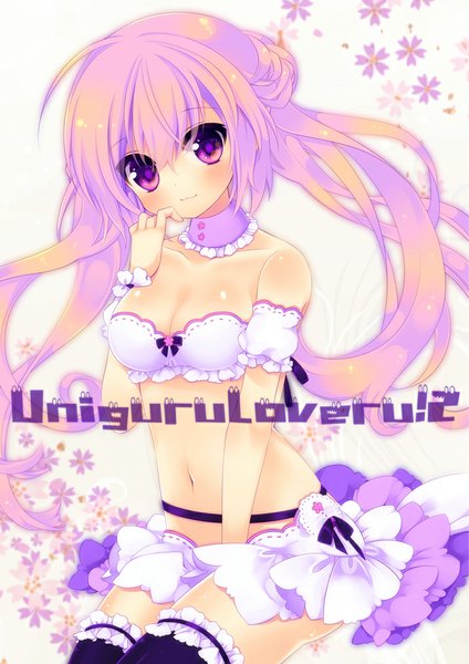 Anime picture 715x1011 with original konno kengo single long hair tall image blush light erotic smile bare shoulders pink hair pink eyes inscription midriff girl thighhighs navel flower (flowers) black thighhighs frills lingerie