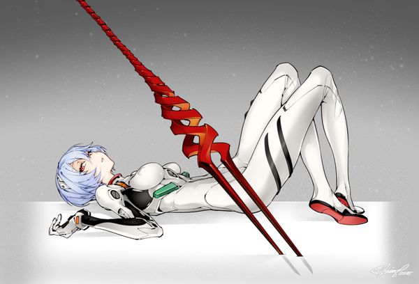 Anime picture 1197x815 with neon genesis evangelion gainax ayanami rei fishine single looking at viewer fringe short hair breasts light erotic simple background hair between eyes red eyes signed bent knee (knees) lying parted lips head tilt on back erect nipples