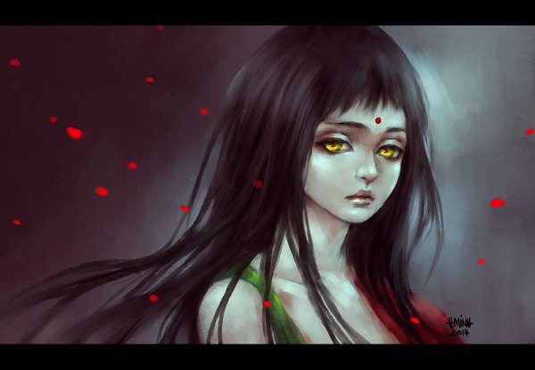 Anime picture 1300x900 with nanfe single long hair fringe black hair signed yellow eyes looking away lips dated letterboxed girl petals