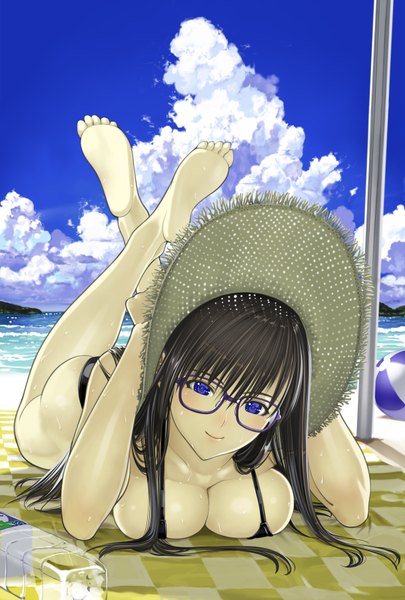 Anime picture 1216x1800 with nakabayashi reimei single long hair tall image blue eyes light erotic black hair cloud (clouds) barefoot breast press girl hat glasses straw hat beachball
