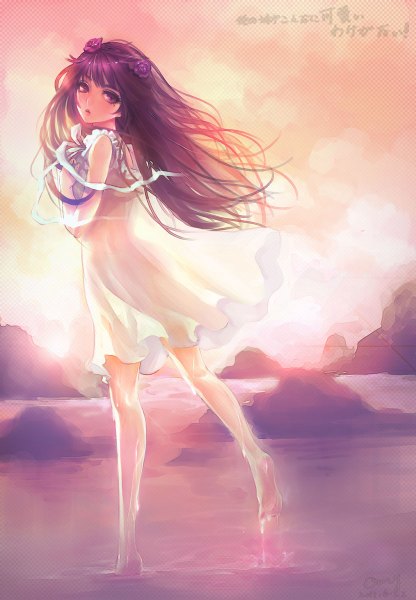 Anime picture 832x1200 with ore no imouto ga konna ni kawaii wake ga nai gokou ruri orry single long hair tall image fringe standing purple eyes looking away purple hair parted lips head tilt looking back barefoot wind inscription mole wet mole under eye