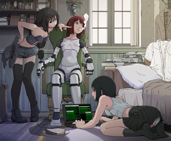 Anime picture 1024x844 with original sukabu long hair short hair light erotic black hair sitting multiple girls red hair black eyes grey eyes smoke girl thighhighs skirt underwear panties black thighhighs socks food