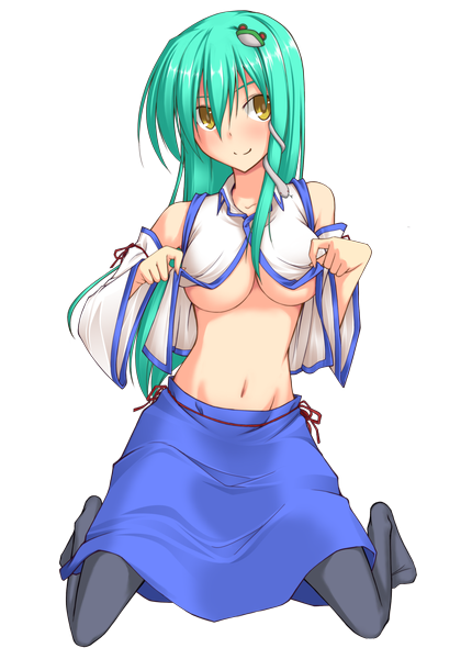 Anime picture 2865x4000 with touhou kochiya sanae hellween (artist) single long hair tall image highres breasts light erotic yellow eyes green hair transparent background shirt lift girl detached sleeves snake