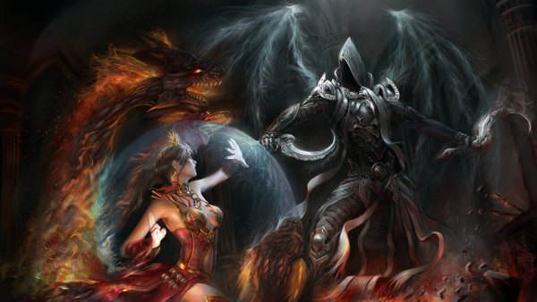 Anime picture 1280x722 with diablo (game) blizzard entertainment indiron long hair black hair wide image magic dark background fantasy fighting stance girl boy hair ornament ribbon (ribbons) weapon earrings wings hood collar monster