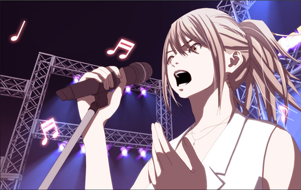 Anime picture 1000x630 with song of the cloud gha eon long hair fringe open mouth brown hair brown eyes singing music girl pendant microphone musical note microphone stand scene