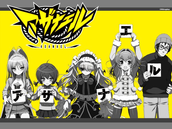 Anime picture 1600x1200 with axanael (game) long hair blush short hair open mouth twintails multiple girls ponytail braid (braids) inscription twin braids hieroglyph monochrome short twintails group yellow background lolita fashion girl dress boy