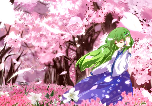 Anime picture 1500x1050 with touhou kochiya sanae nunua (artist) single long hair bare shoulders eyes closed green hair cherry blossoms girl flower (flowers) plant (plants) detached sleeves petals tree (trees)