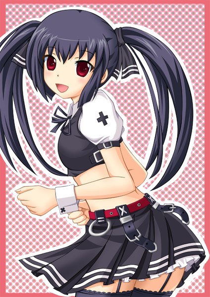 Anime picture 1024x1450 with pangya kooh neats (artist) single long hair tall image open mouth black hair red eyes twintails midriff girl thighhighs skirt black thighhighs miniskirt