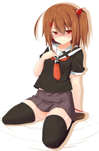 Anime picture 2121x3245 with original dodome-iro mayonnaise single tall image blush highres short hair red eyes brown hair zettai ryouiki girl thighhighs skirt uniform black thighhighs school uniform miniskirt glasses