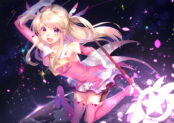 Anime picture 3541x2508 with fate (series) fate/kaleid liner prisma illya illyasviel von einzbern prisma illya magical ruby kirushi (killcy) single long hair looking at viewer blush fringe highres open mouth blonde hair hair between eyes bare shoulders payot absurdres full body bent knee (knees)