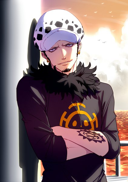 Anime picture 699x992 with one piece toei animation trafalgar law eilinna single tall image looking at viewer short hair black hair purple eyes sky cloud (clouds) upper body light smile shadow tattoo crossed arms boy hat earrings
