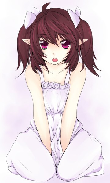 Anime picture 1200x2000 with touhou himekaidou hatate tp65pxu4 single tall image looking at viewer short hair open mouth purple eyes bare shoulders purple hair pointy ears girl dress sundress
