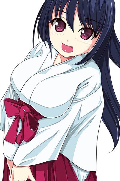 Anime picture 800x1200 with original matsunaga kouyou single long hair tall image open mouth black hair simple background white background purple eyes traditional clothes japanese clothes miko girl