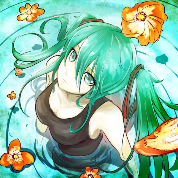 Anime picture 2500x2500 with vocaloid hatsune miku beanbean1988 single long hair highres standing twintails bare shoulders aqua eyes from above aqua hair looking up girl flower (flowers) swimsuit water