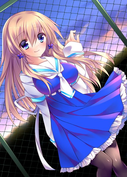 Anime picture 661x919 with original sorai shin'ya single long hair tall image looking at viewer blush fringe breasts blue eyes smile hair between eyes large breasts sky cloud (clouds) dutch angle evening sunset arm behind back knees touching
