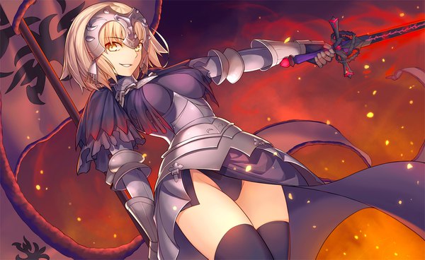 Anime picture 1748x1075 with fate (series) fate/grand order fate/apocrypha jeanne d'arc (fate) (all) jeanne d'arc alter (fate) tsuki suigetsu single looking at viewer highres short hair light erotic blonde hair smile wide image yellow eyes from below outstretched arm girl thighhighs underwear