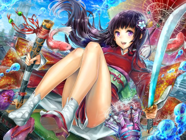 Anime picture 1200x909 with original hourainingyou single long hair looking at viewer blush black hair purple eyes traditional clothes japanese clothes underwater girl hair ornament weapon sword socks kimono building (buildings) umbrella white socks