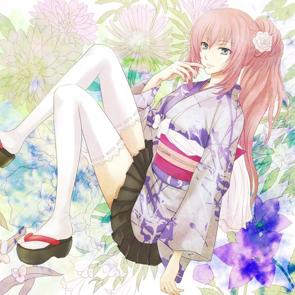 Anime picture 1023x1026 with vocaloid megurine luka single long hair tall image blue eyes pink hair ponytail traditional clothes japanese clothes finger to mouth lolita fashion wa lolita girl thighhighs skirt flower (flowers) miniskirt white thighhighs kimono