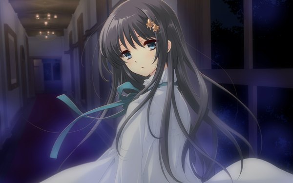 Anime picture 1920x1200 with flyable heart shirasagi mayuri long hair highres blue eyes black hair wide image night girl ribbon (ribbons) serafuku