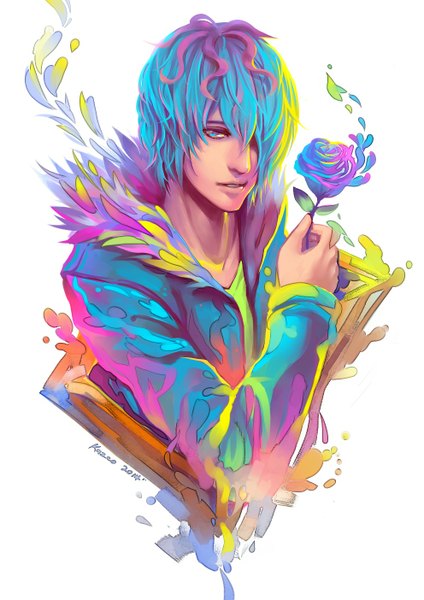 Anime picture 992x1403 with ib (game) garry (ib) kazeo-yuurin single tall image looking at viewer fringe short hair blue eyes simple background white background signed blue hair hair over one eye boy flower (flowers) rose (roses) fur blue rose