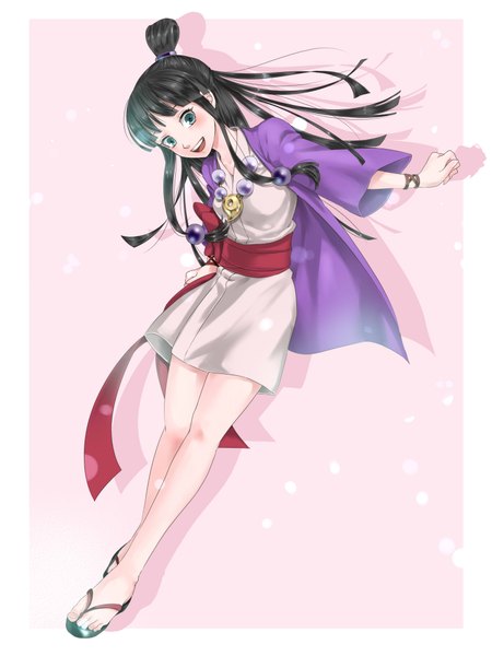 Anime picture 1500x1999 with ace attorney maya fey wasabi (legemd) single long hair tall image blush fringe open mouth black hair looking away aqua eyes shadow hair bun (hair buns) outstretched arm border pink background girl geta