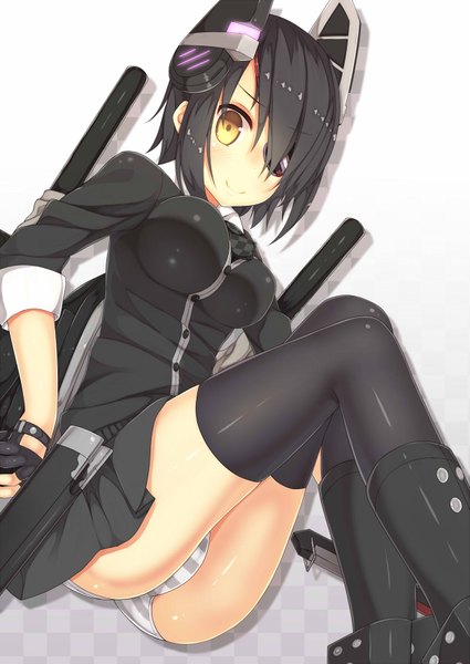 Anime picture 1253x1770 with kantai collection tenryuu light cruiser samegami single tall image blush short hair light erotic black hair smile yellow eyes pantyshot sitting girl thighhighs hair ornament underwear panties weapon black thighhighs boots