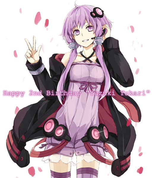 Anime picture 939x1100 with vocaloid yuzuki yukari toromera single long hair tall image looking at viewer simple background white background twintails pink hair pink eyes inscription character names low twintails victory happy birthday girl dress hair ornament