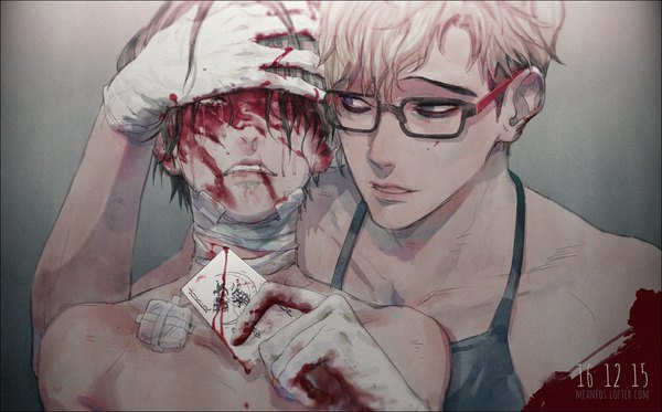 Anime picture 1608x1000 with killing stalking oh sangwoo yoon bum meanfos fringe black hair blonde hair wide image parted lips lips multiple boys grey eyes tears dated hand on head covering eye (eyes) boy gloves glasses white gloves