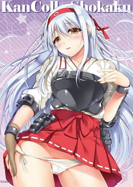 Anime picture 713x1000 with kantai collection shoukaku aircraft carrier sousouman long hair tall image looking at viewer blush light erotic yellow eyes white hair girl underwear panties hairband armor breastplate muneate