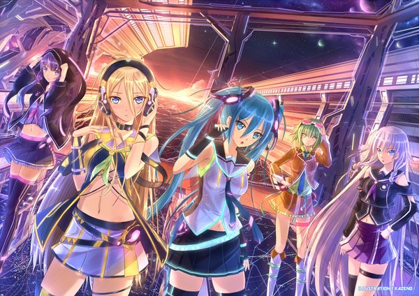 Anime picture 2046x1446 with vocaloid hatsune miku gumi ia (vocaloid) yuzuki yukari lily (vocaloid) kazeno long hair looking at viewer blush highres short hair open mouth blue eyes blonde hair purple eyes twintails bare shoulders multiple girls green eyes