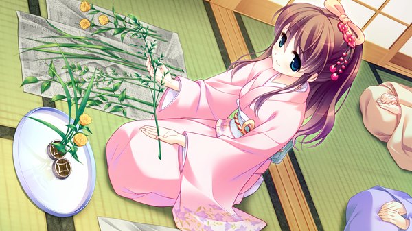 Anime picture 2048x1152 with pochi to goshujin-sama hanamadoka shino long hair highres blue eyes black hair wide image game cg japanese clothes girl kimono