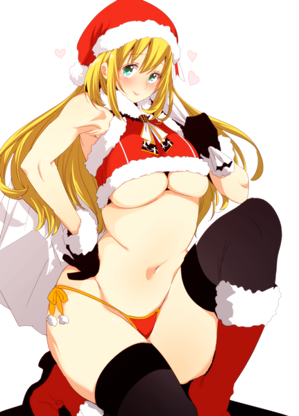 Anime picture 863x1200 with kantai collection atago heavy cruiser goshiki suzu single long hair tall image looking at viewer blush breasts light erotic simple background blonde hair smile large breasts white background aqua eyes alternate costume fur trim hand on hip christmas