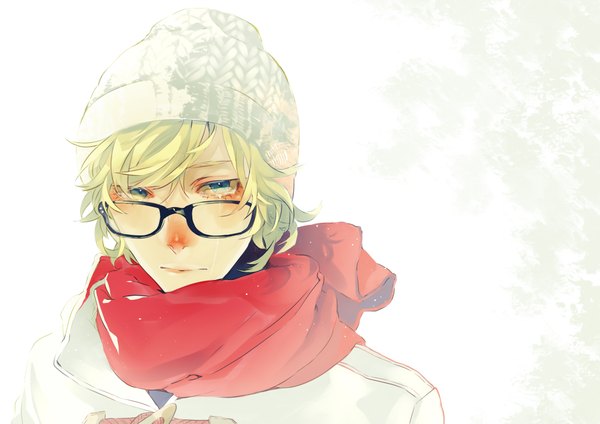 Anime picture 4092x2893 with original fasna single looking at viewer highres short hair blue eyes simple background blonde hair white background absurdres boy hat glasses scarf coat