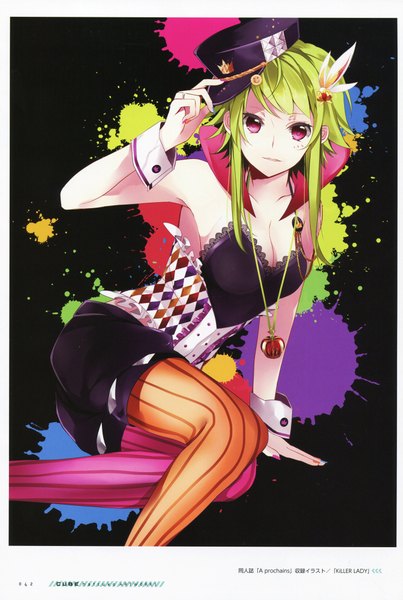 Anime picture 1344x2000 with vocaloid killer lady (vocaloid) gumi hatsuko single tall image looking at viewer fringe short hair purple eyes bare shoulders holding cleavage nail polish fingernails green hair alternate costume sleeveless black background girl
