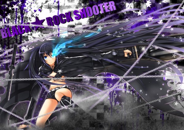 Anime picture 3508x2480 with black rock shooter black rock shooter (character) swordsouls single looking at viewer highres blue eyes black hair simple background absurdres very long hair inscription glowing glowing eye (eyes) girl weapon sword shorts boots katana