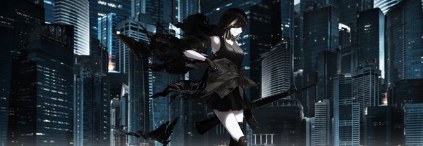 Anime picture 2328x809 with girls frontline m16a1 (girls frontline) bemuse (nextand) single long hair fringe highres black hair wide image holding outdoors profile multicolored hair night two-tone hair official art armpit (armpits) torn clothes city cityscape