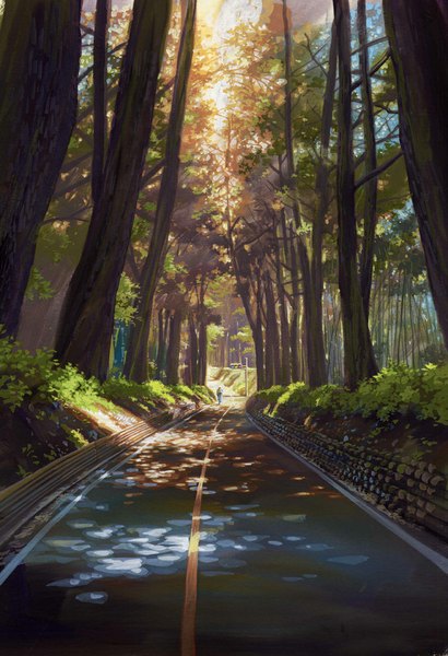 Anime picture 683x1000 with original saitama_bg tall image sunlight shadow landscape nature boy plant (plants) tree (trees) road people