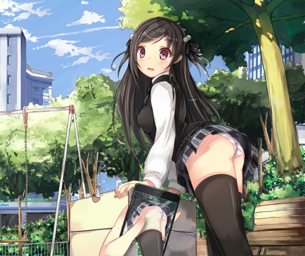 Anime picture 1000x840 with original icywood single long hair looking at viewer blush breasts light erotic black hair purple eyes sky cloud (clouds) ass fingernails girl thighhighs skirt uniform hair ornament underwear