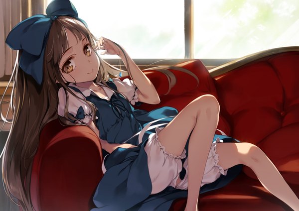 Anime picture 1637x1157 with touhou star sapphire ke-ta single long hair fringe light erotic smile brown hair sitting yellow eyes looking away bent knee (knees) indoors sunlight bare legs short sleeves puffy sleeves adjusting hair girl