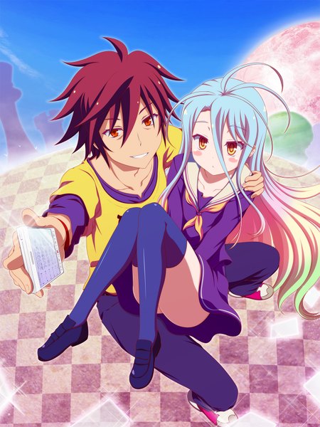 Anime picture 1200x1600 with no game no life madhouse shiro (no game no life) sora (no game no life) shira-nyoro long hair tall image looking at viewer blush short hair smile hair between eyes multiple girls blue hair red hair orange eyes loli girl thighhighs skirt