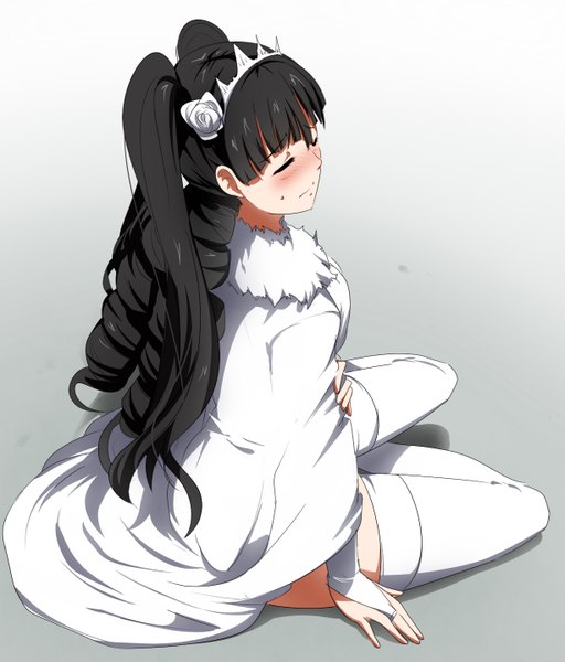 Anime picture 1228x1437 with original umakatsuhai single long hair tall image blush black hair eyes closed drill hair girl thighhighs white thighhighs tiara