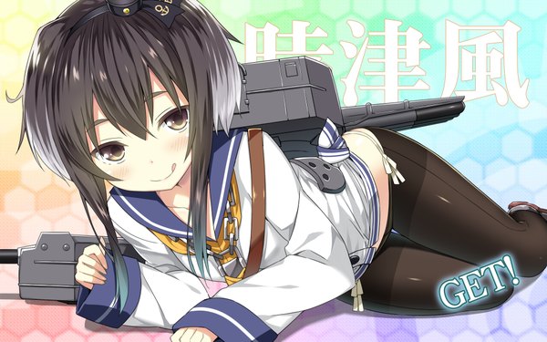 Anime picture 1920x1200 with kantai collection tokitsukaze destroyer sky-freedom single long hair looking at viewer blush highres brown eyes lying grey hair inscription on back wallpaper character names :q girl weapon pantyhose hairband